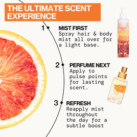 Hair spritzed with Pacifica mist to show light fragrance and freshness benefit