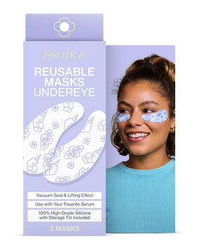 Pacifica under eye mask front packaging showing pair and tin, travel-ready benefit