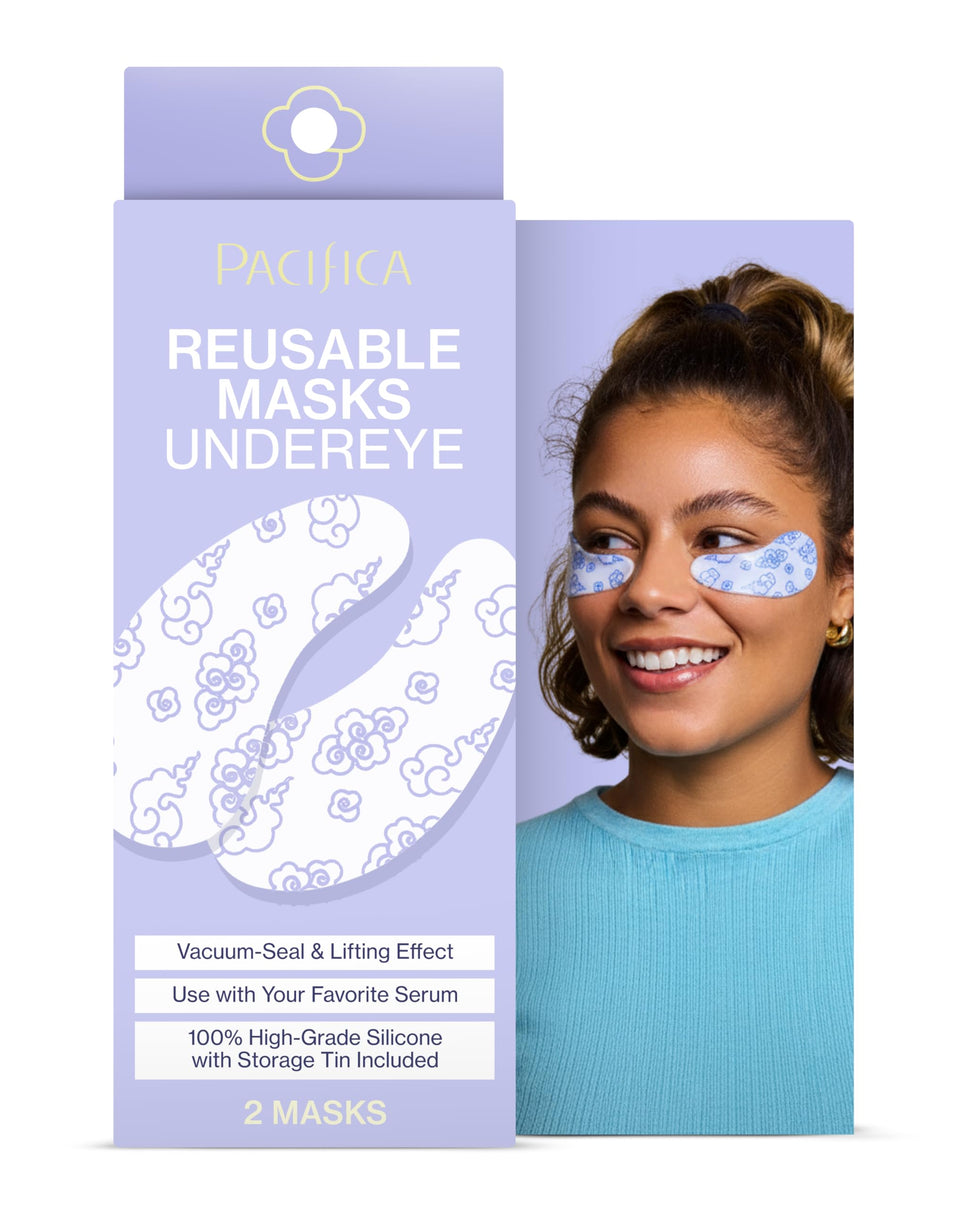 Pacifica under eye mask front packaging showing pair and tin, travel-ready benefit