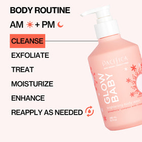 Pacifica body wash in hand during shower for hydrated, glowing skin