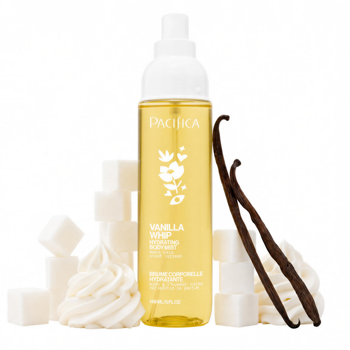 Pacifica bottle front view showing vanilla scent and easy spray benefit
