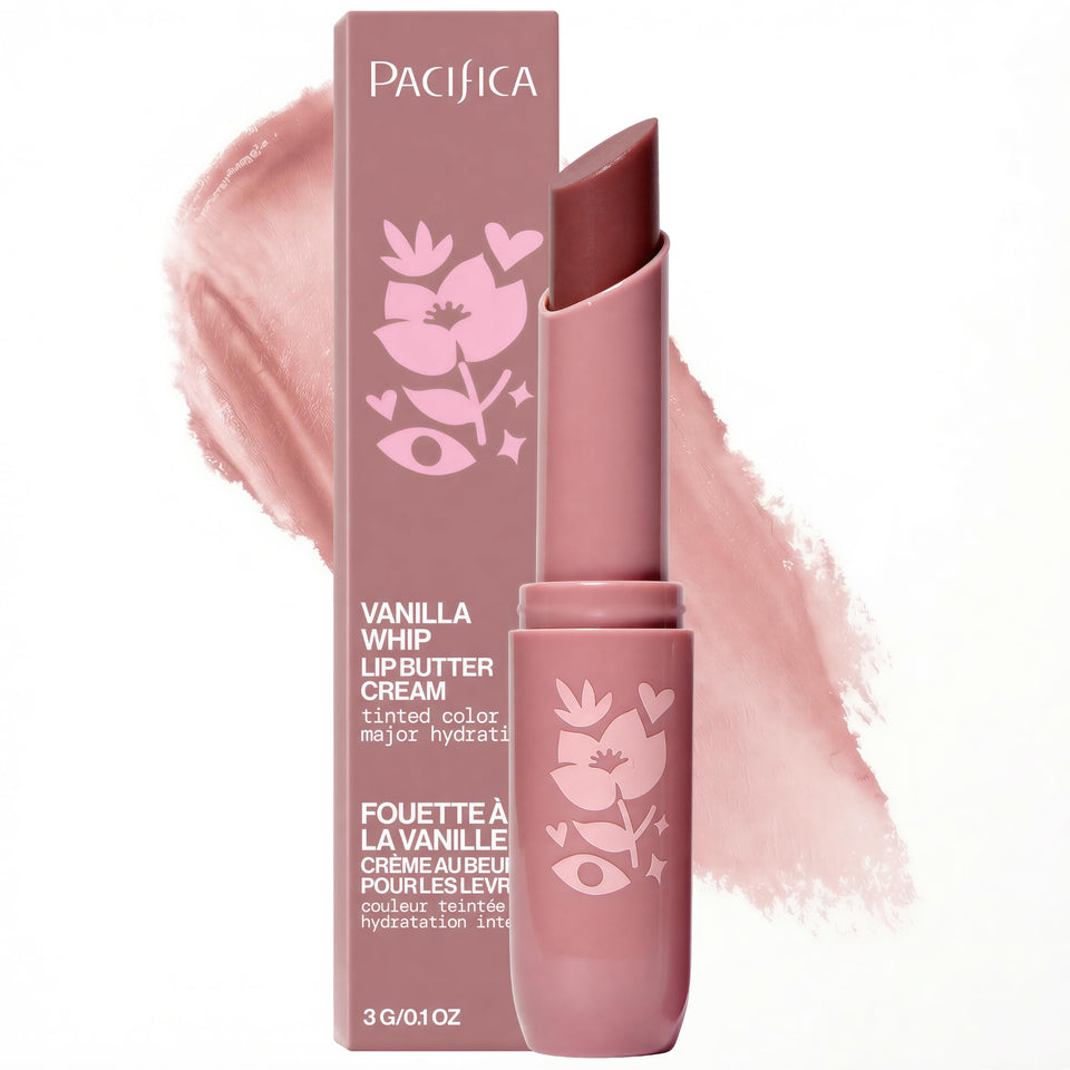 Pacifica front packaging showing lip buttercream and brand, highlights clean vegan benefits