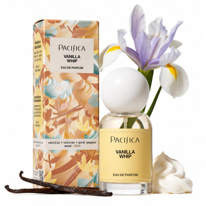 Pacifica bottle front shot showing elegant vanilla perfume and travel-friendly size