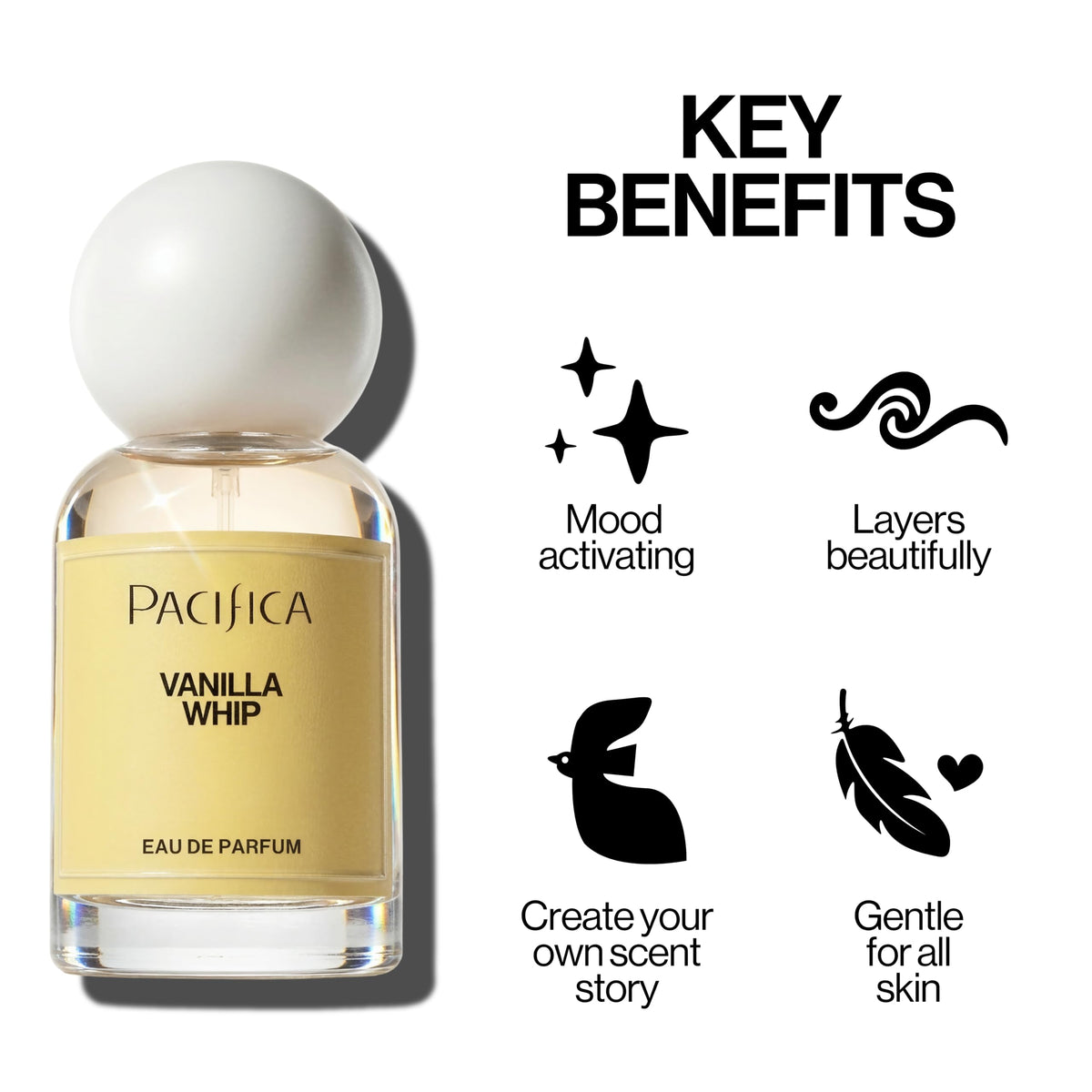 Pacifica bottle side profile highlighting compact design and lasting spray