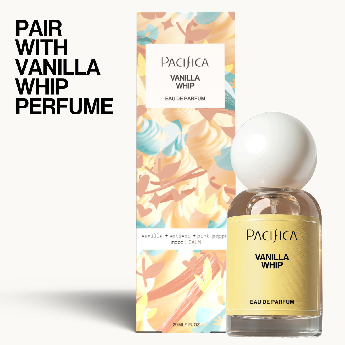 Pacifica still-life with vanilla ingredients showing gourmand scent profile benefit