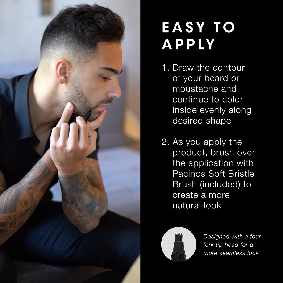 Pacinos applied to moustache in use, shapes and defines upper lip hair