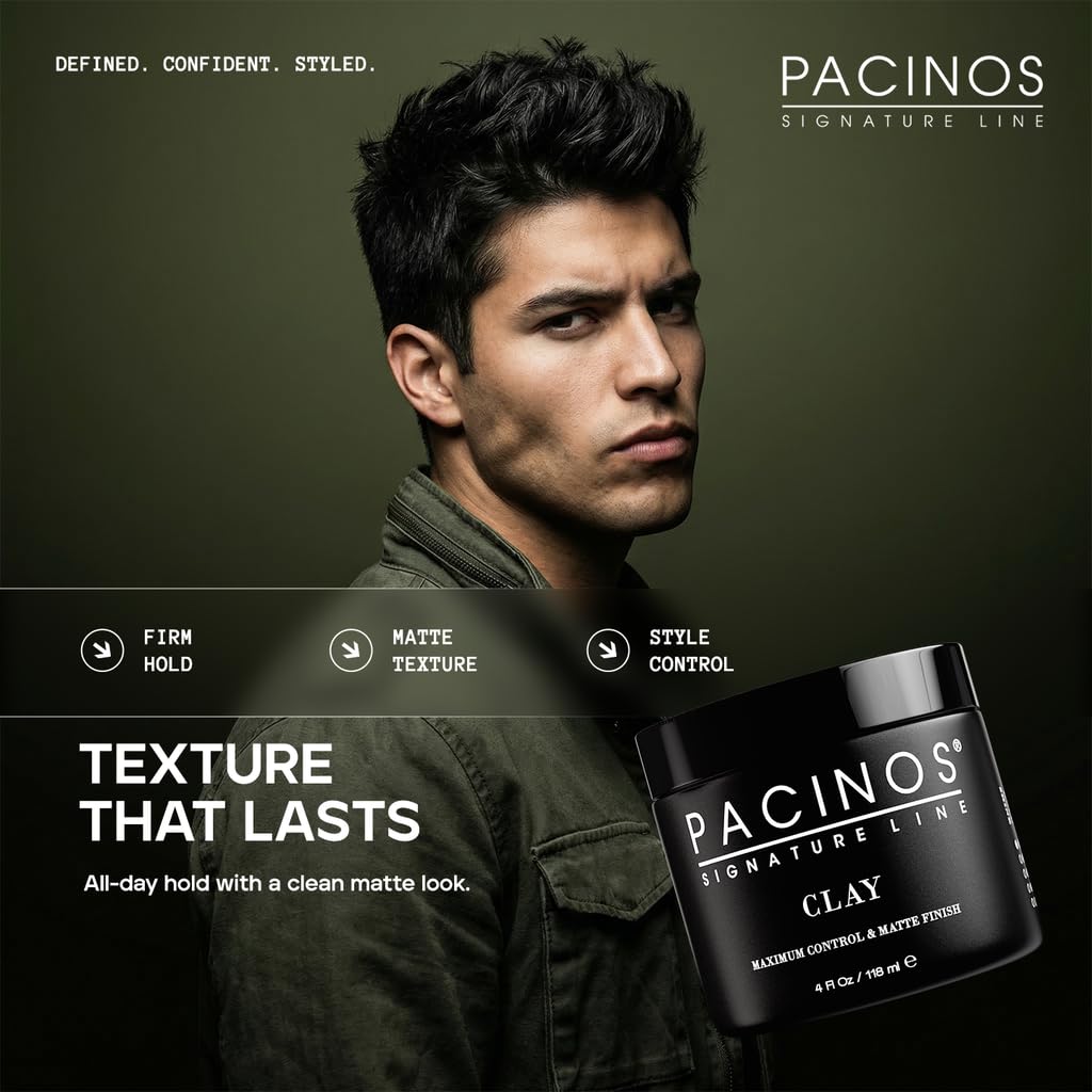Pacinos open jar close-up revealing clay texture for firm styling