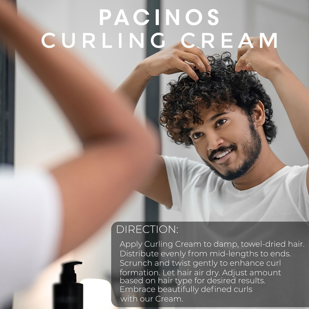 Lifestyle shot of Pacinos curls that look shiny and frizz-controlled