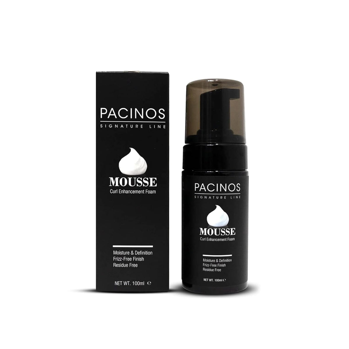 Pacinos front packaging showing product and brand benefit of frizz control