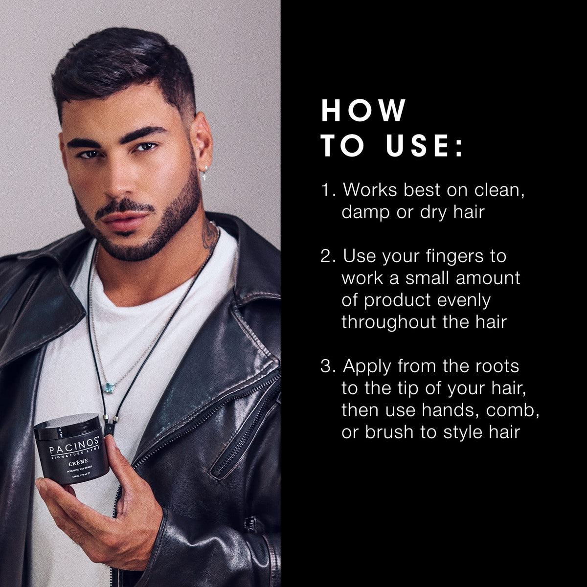 Pacinos applied to short haircut showing medium hold and natural shine