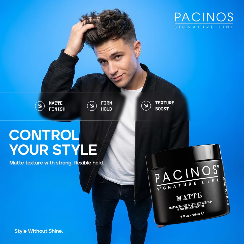 Pacinos hair close-up showing natural matte finish and texture benefit