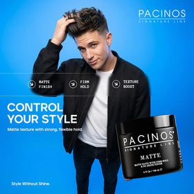 Pacinos hair close-up showing natural matte finish and texture benefit