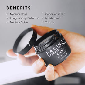 Pacinos open jar revealing creamy wax texture for easy styling