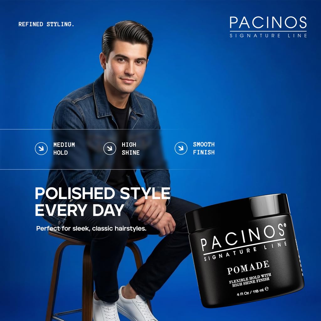 Pacinos pomade applied to damp hair demonstrating high shine and control