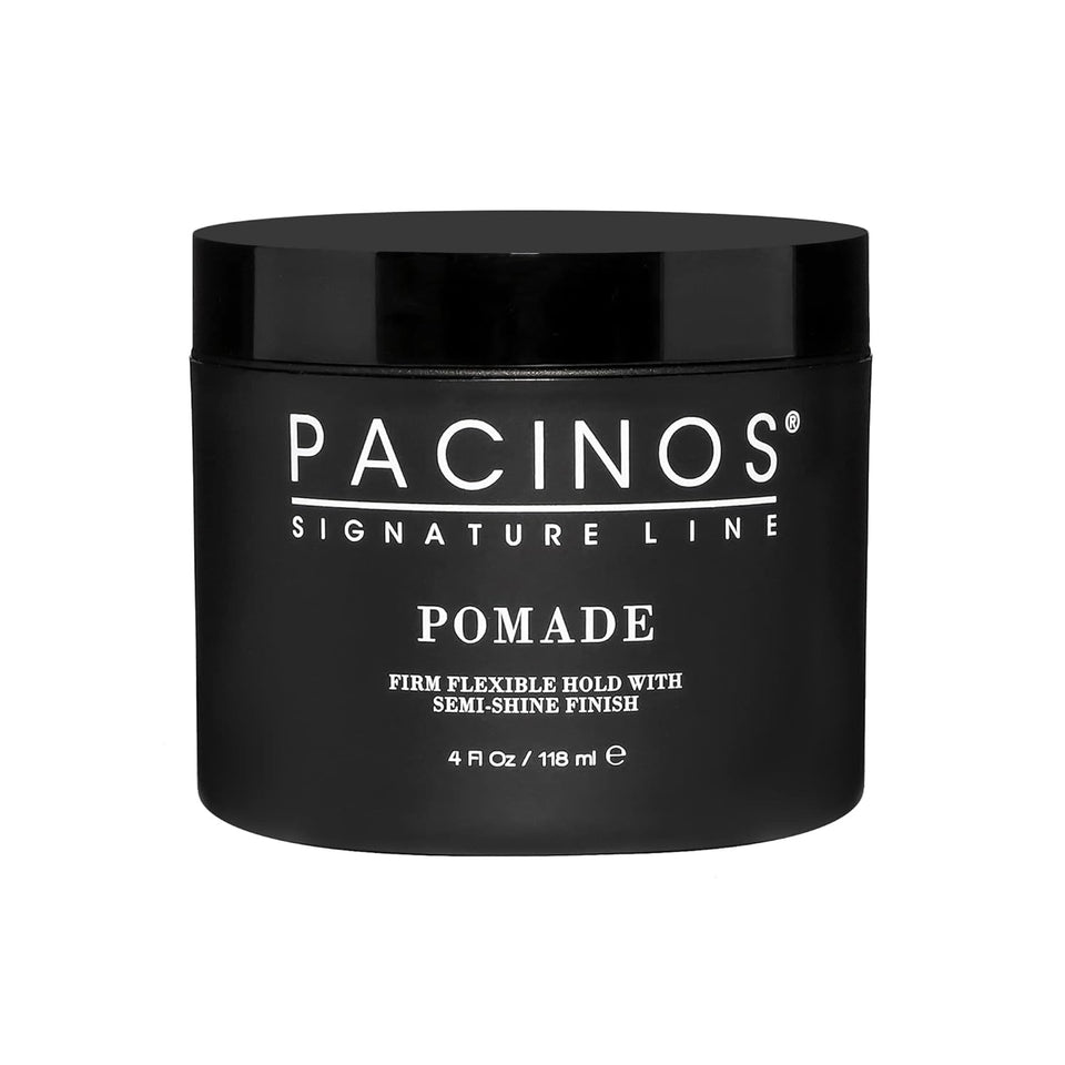 Pacinos pomade front view showing jar and logo, easy identification benefit