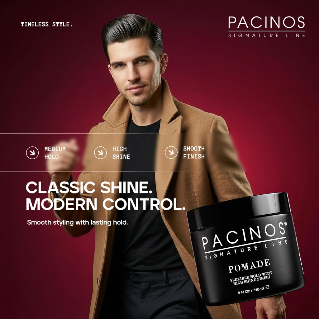 Pacinos pomade held in hand to show 4oz size for portability and value