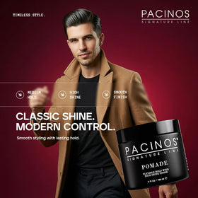 Pacinos pomade held in hand to show 4oz size for portability and value