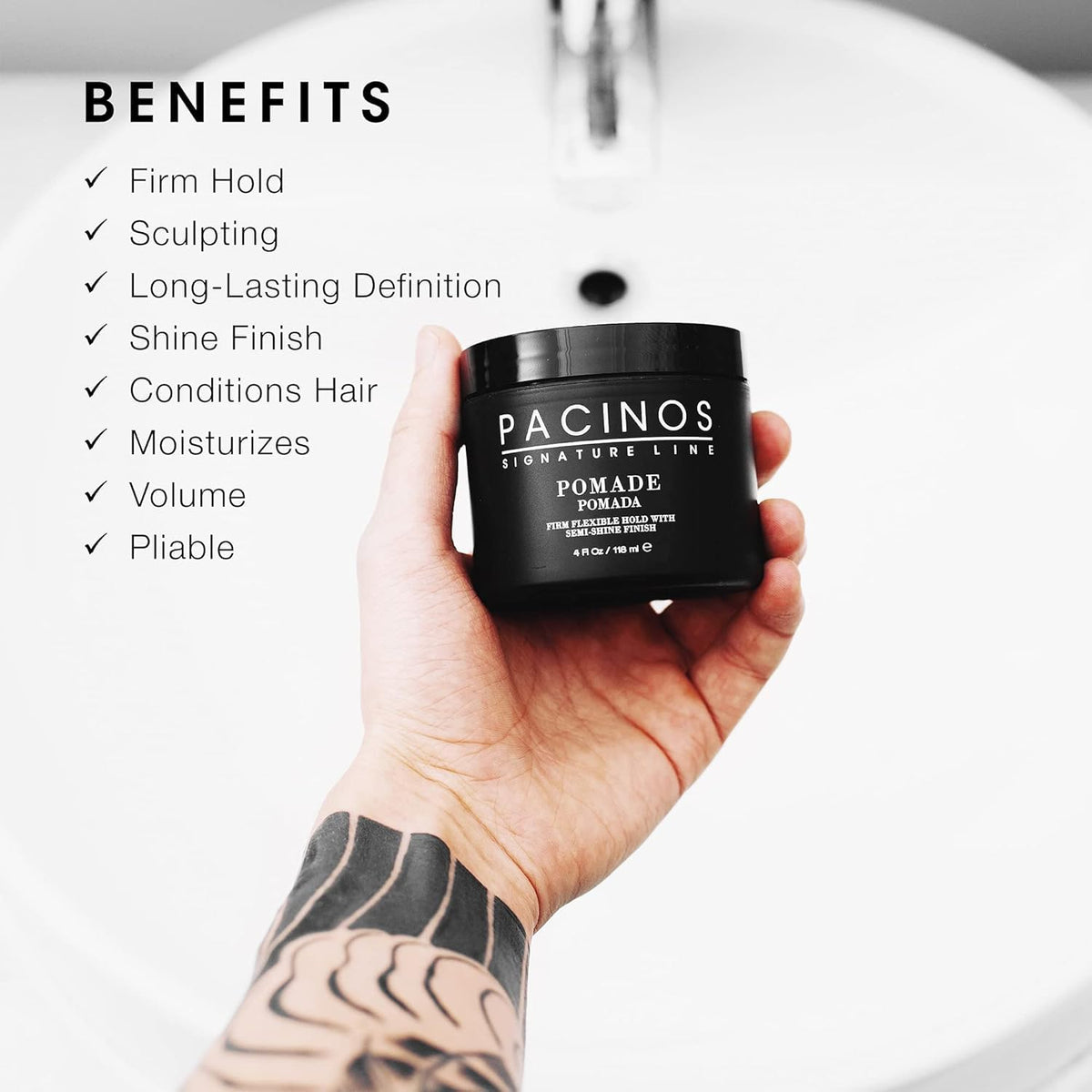 Pacinos pomade ingredient label close-up showing product details and clarity