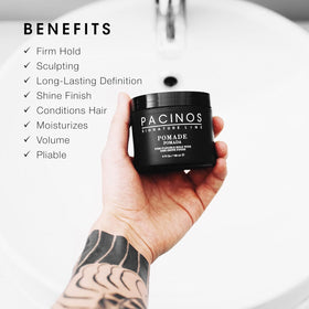 Pacinos pomade ingredient label close-up showing product details and clarity