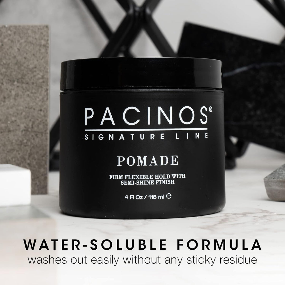 Pacinos pomade packaging with comb and brush suggesting salon-quality tools