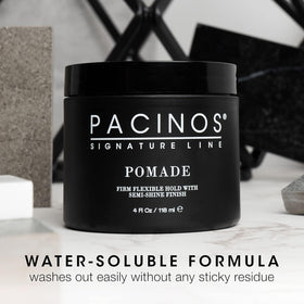 Pacinos pomade packaging with comb and brush suggesting salon-quality tools