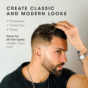 Pacinos pomade styled slicked-back look in lifestyle setting for polished finish