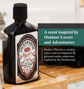 Packer's Pine bottle next to common objects to show size and travel convenience