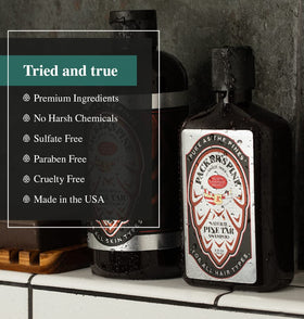 Close-up of Packer's Pine label highlighting paraben and sulfate free benefit