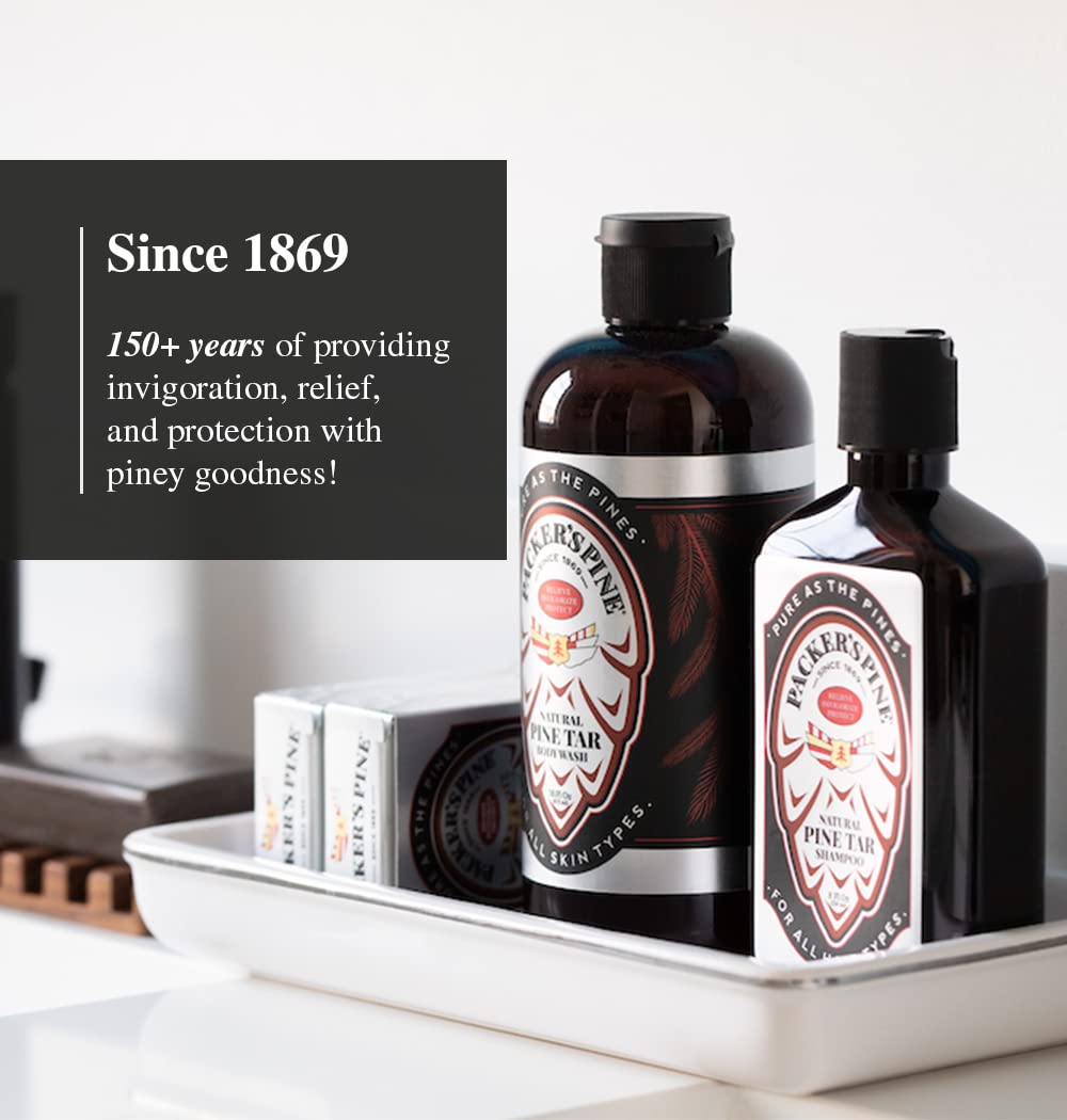 Packer's Pine shampoo in shower environment illustrating everyday use benefit