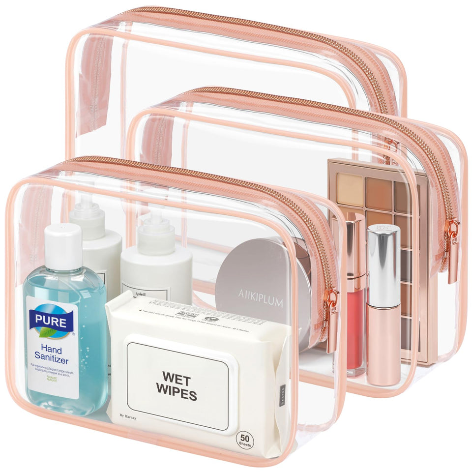 PACKISM front view of clear rose pink TSA toiletry bag shows organized contents