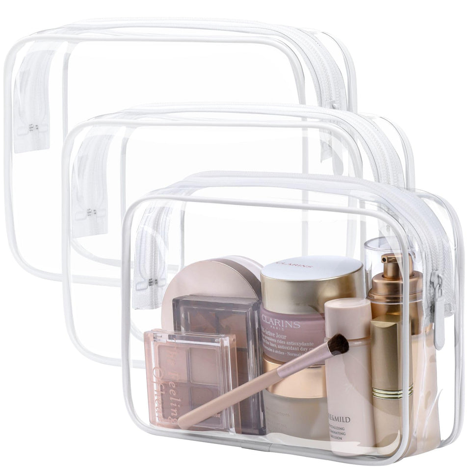 PACKISM front view of clear toiletry bag showing contents for quick security checks