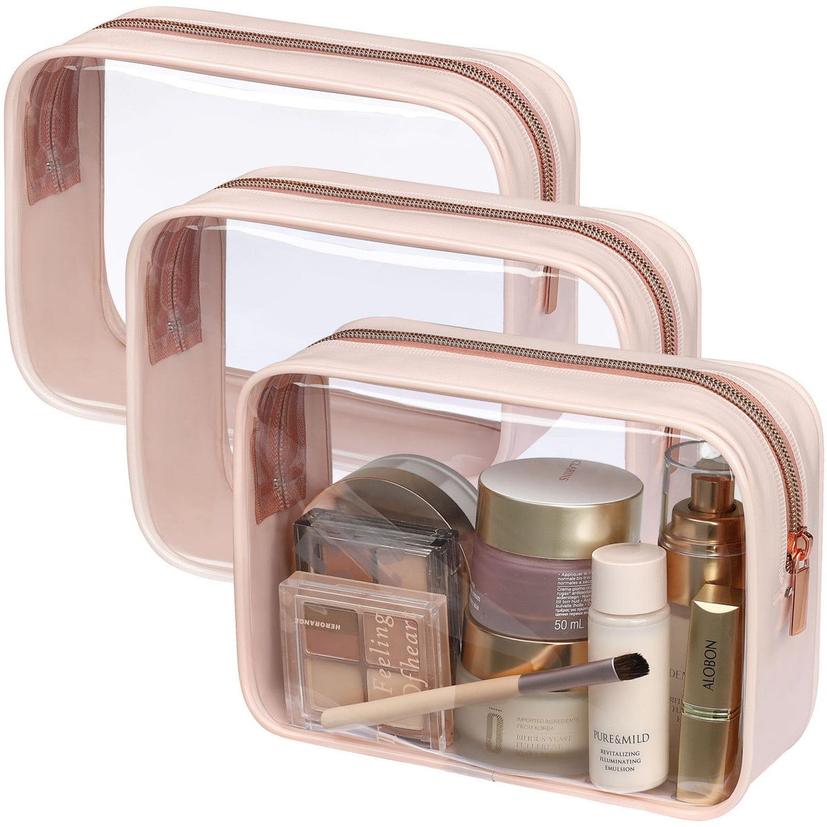 PACKISM front view clear toiletry bag shows contents for quick security checks