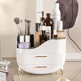 Pajiriona on a vanity with toiletries illustrating tidy bathroom countertop