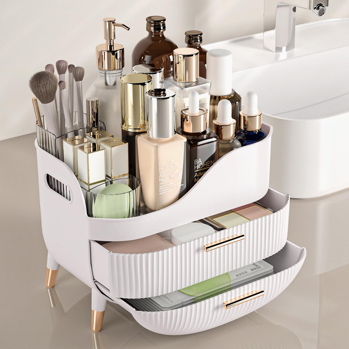 Pajiriona top compartment holding tall skincare bottles for visible access