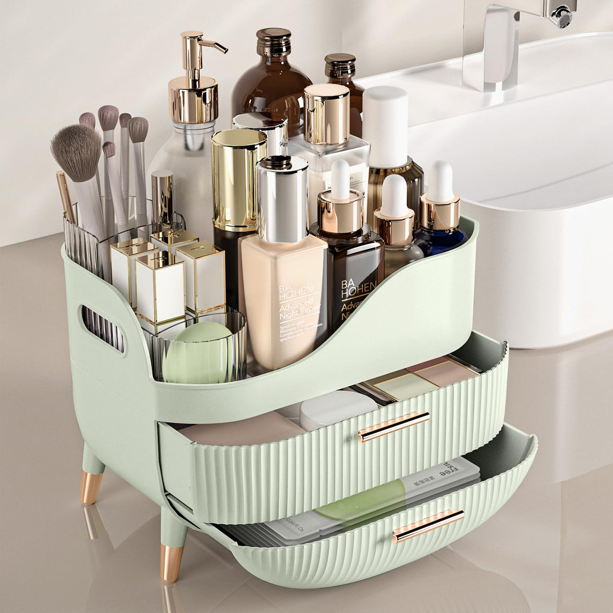 Pajiriona open drawers and top section displaying organized makeup items