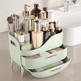 Pajiriona open drawers and top section displaying organized makeup items