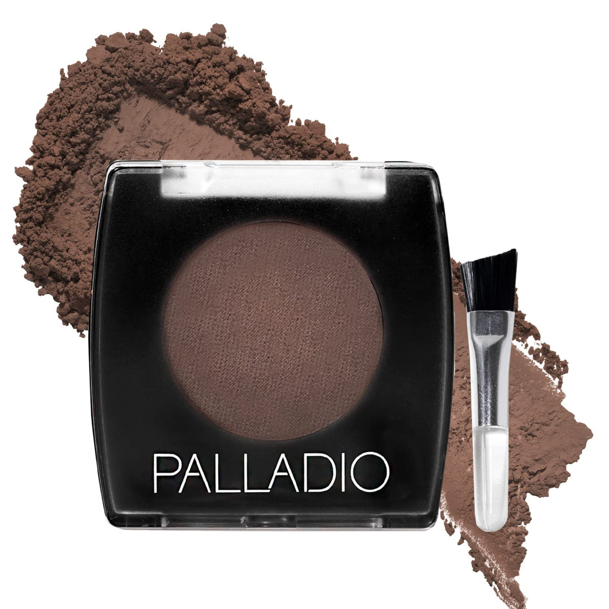 Palladio compact front view showing dark brown shade and sleek packaging benefit portability