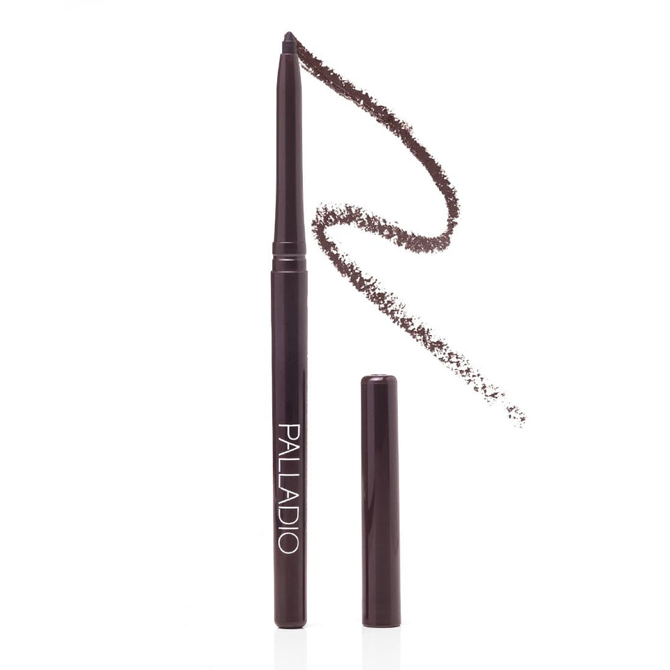 Palladio retractable eyeliner front packaging showing eggplant shade and benefits