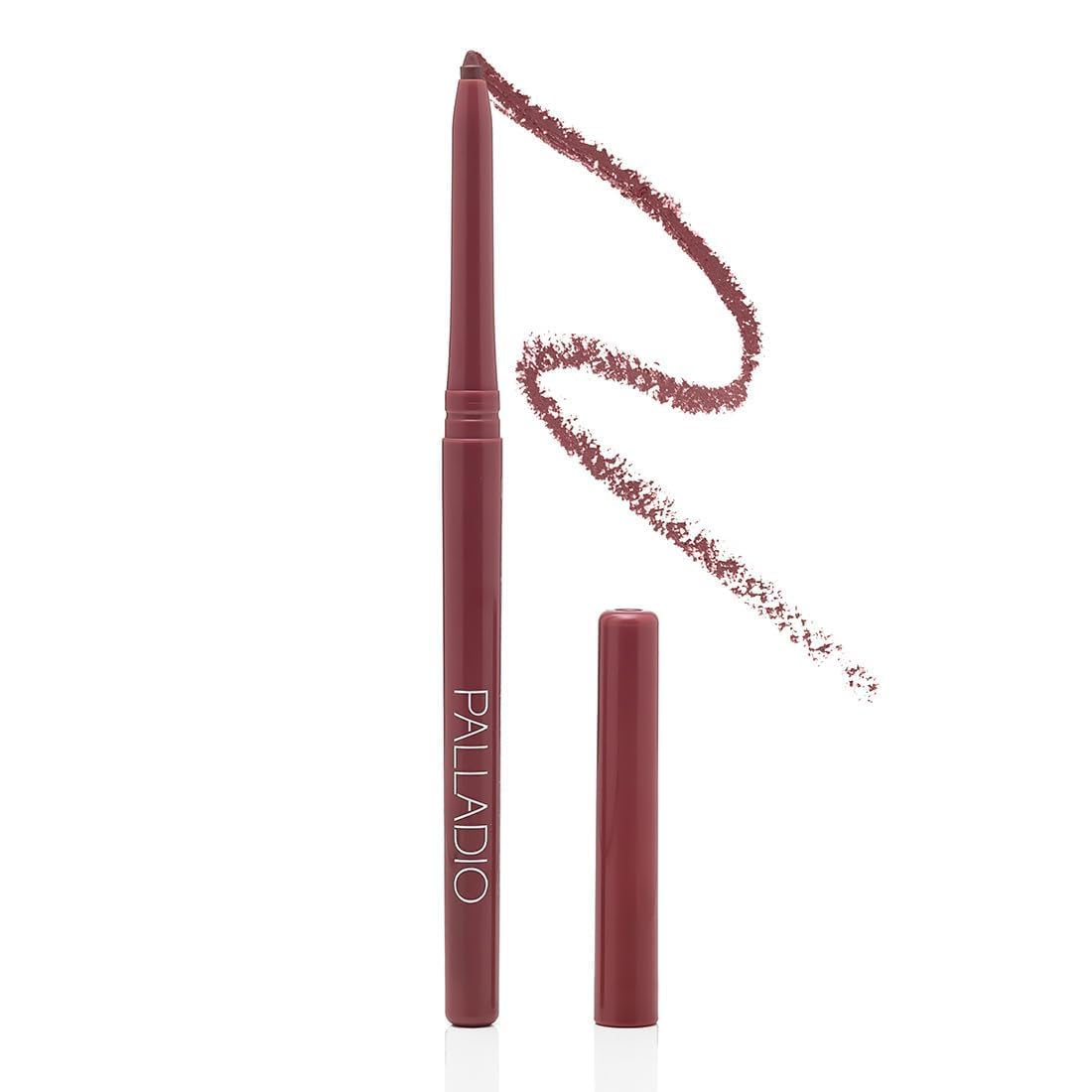 Palladio front packaging of Plum lip liner showing color and slim tube benefit: travel-ready