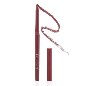 Palladio front packaging of Plum lip liner showing color and slim tube benefit: travel-ready
