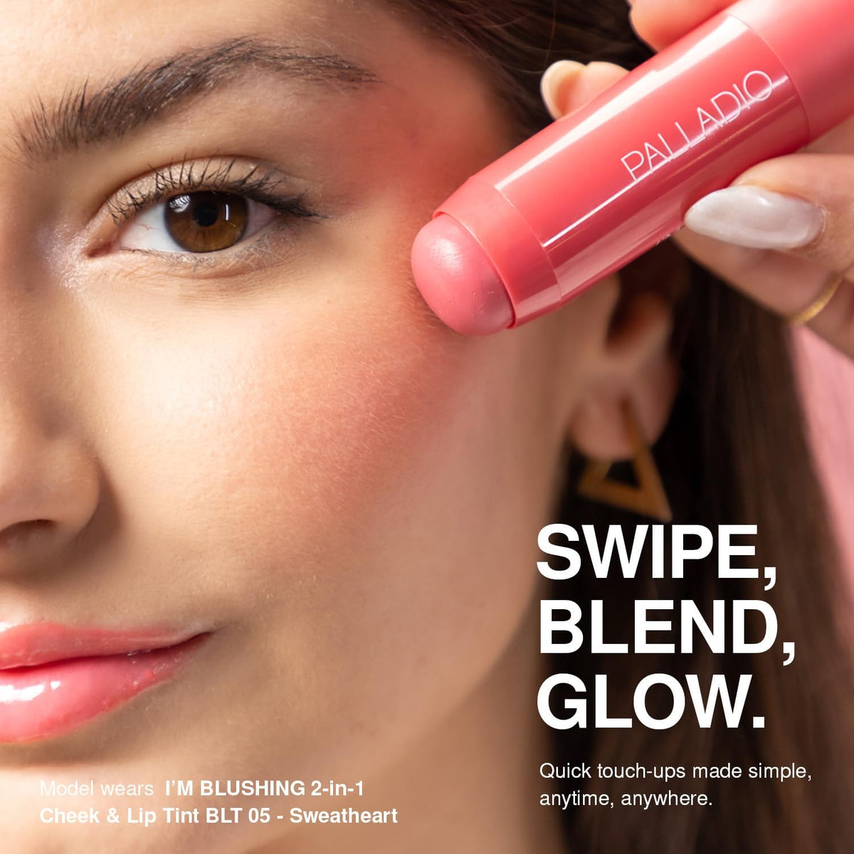 Palladio I'm Blushing on lips close-up highlighting shimmery, hydrating tint benefit