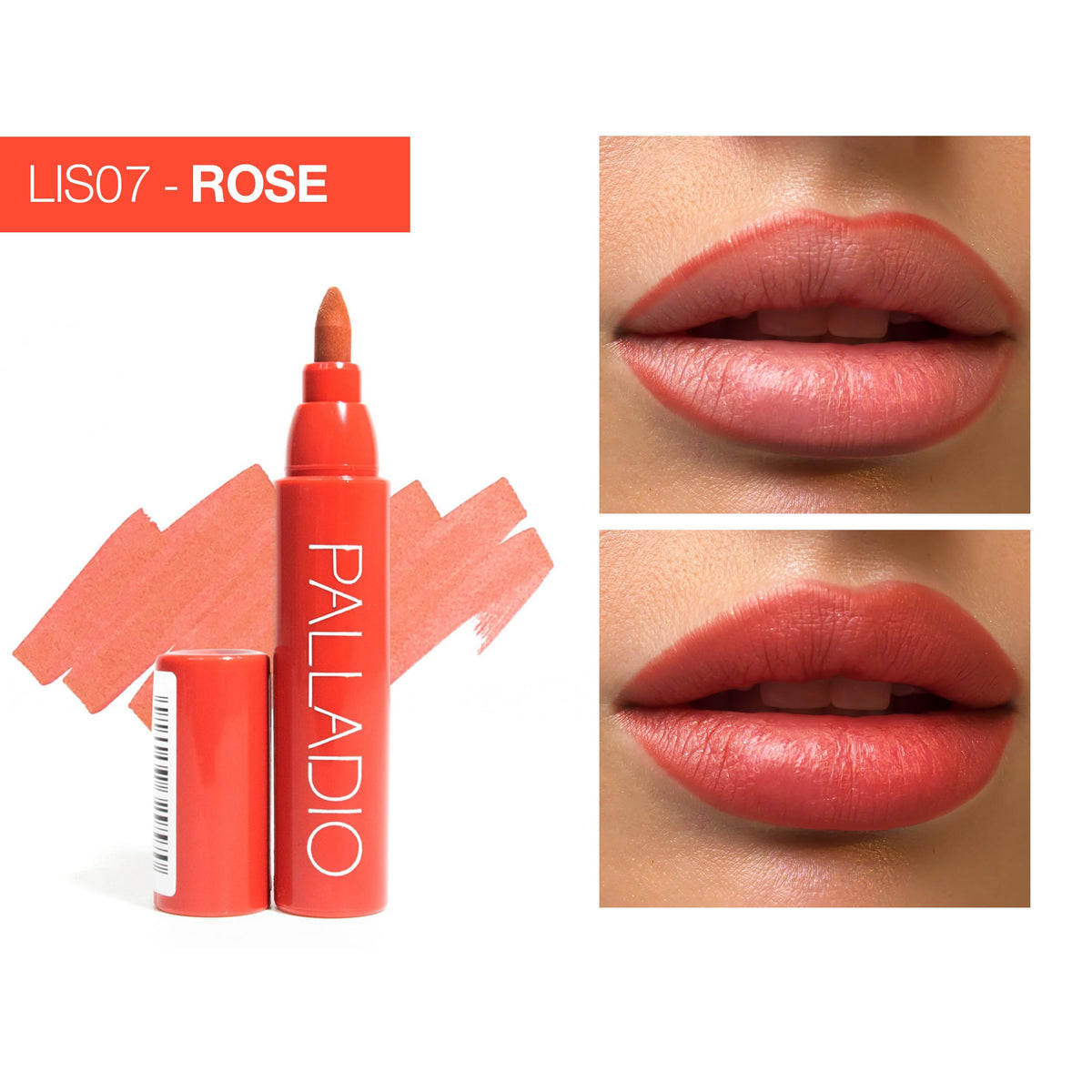Palladio swatch on arm illustrating true Rose pigment and longwear