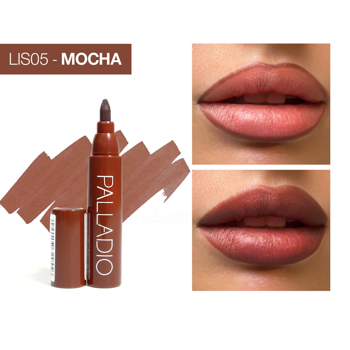 Palladio swatch on arm displaying mocha cream pigment and smooth payoff
