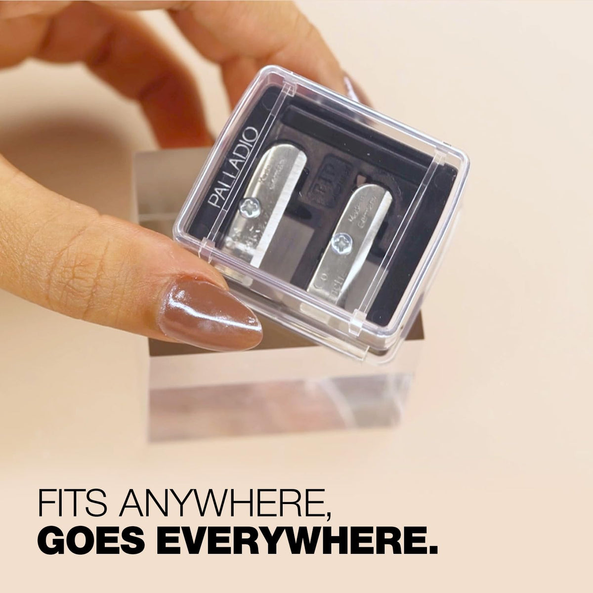Palladio sharpener inside a makeup bag offering travel-ready convenience
