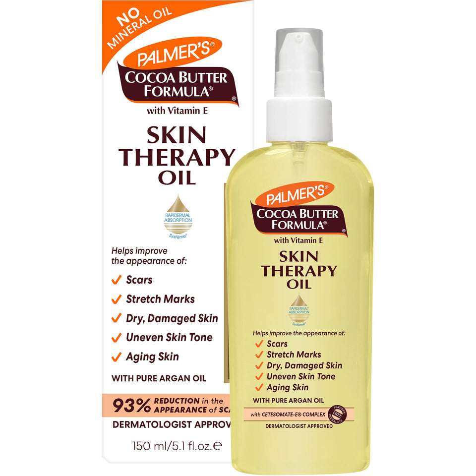 Palmer's front packaging of cocoa butter body oil showing bottle and cap, soft hydration