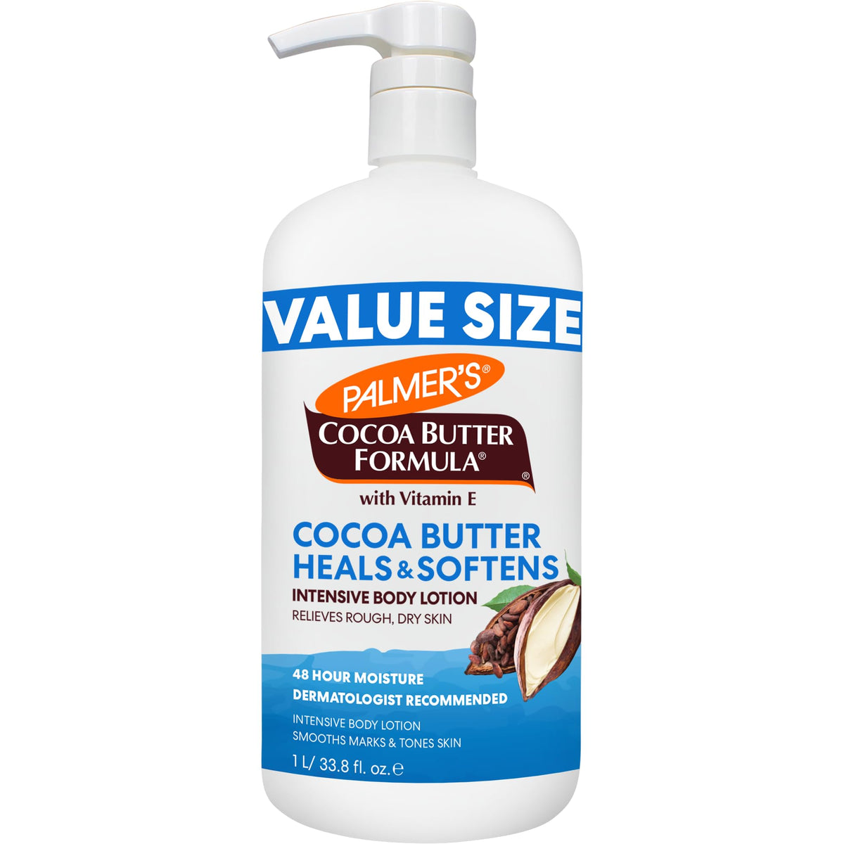 Palmer's 33.8 oz pump bottle front view showing brand and easy dispensing for deep hydration
