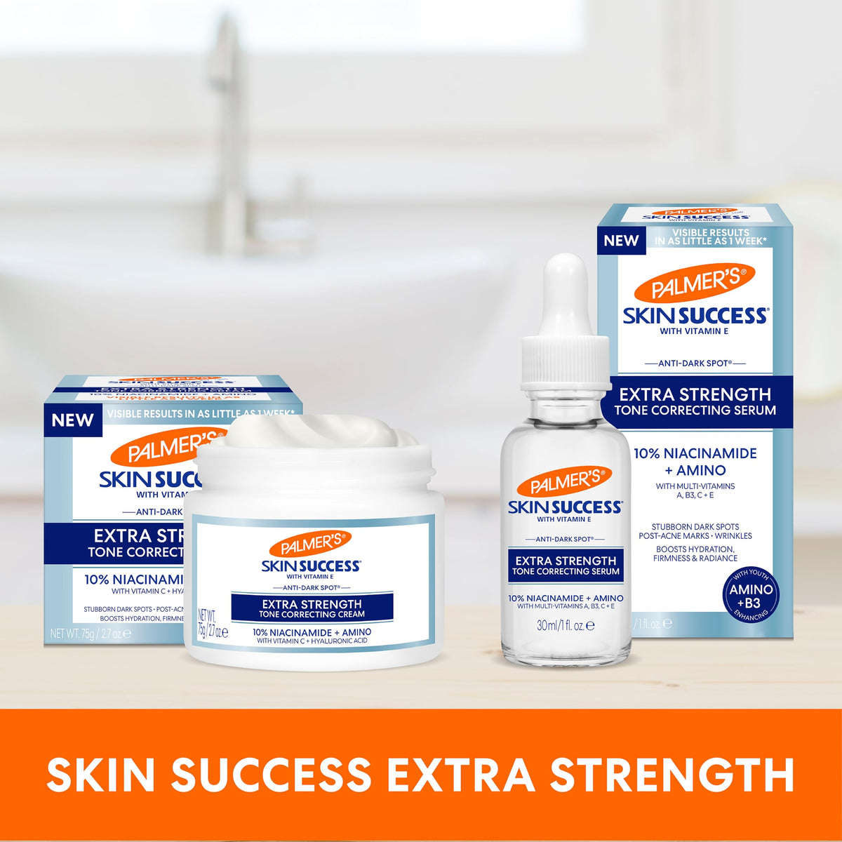 Palmer's on bathroom vanity styled lifestyle shot showing daily routine boost