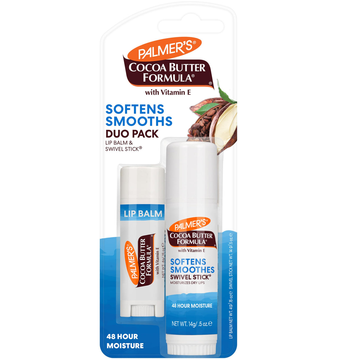 Palmer's duo front packaging showing swivel stick and SPF15 lip balm for convenient hydration