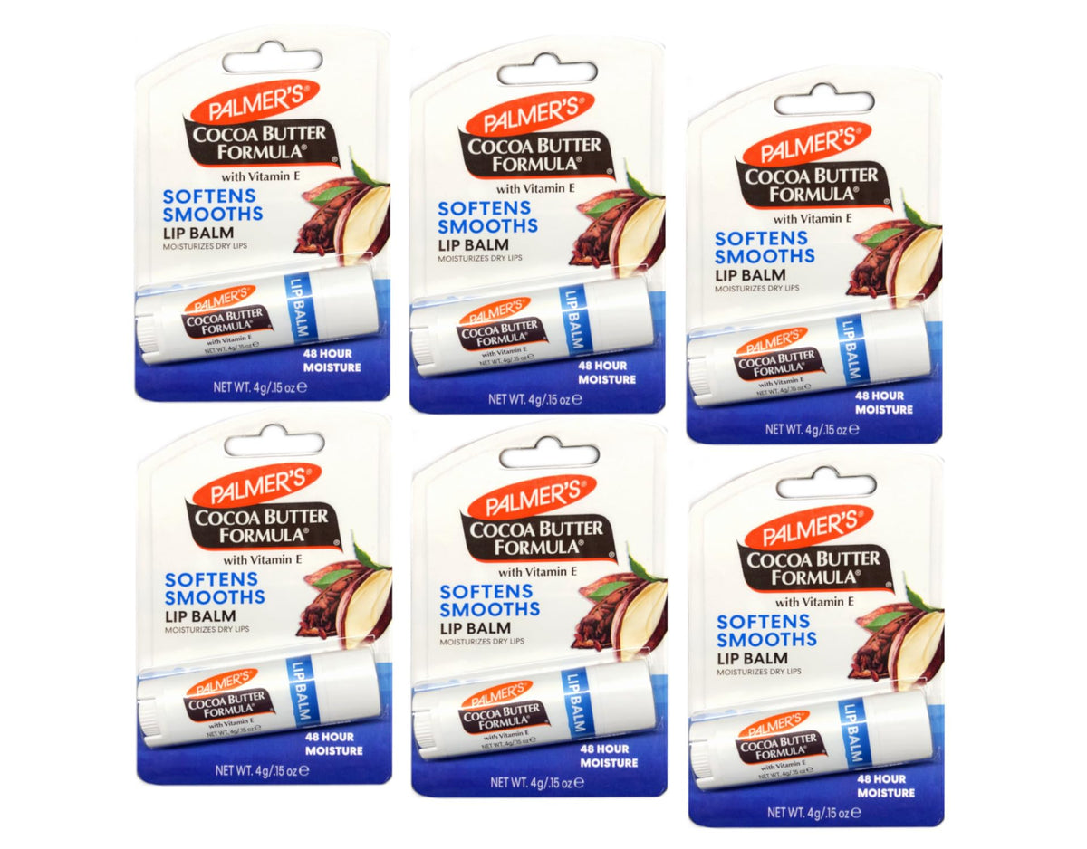 Palmer's front packaging showing six lip balm tubes and brand benefit