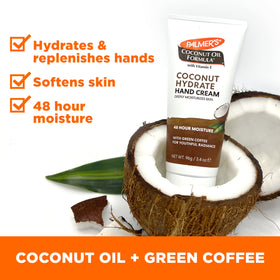 Close-up of tube label for Palmer's hand cream highlighting ingredients and size benefits